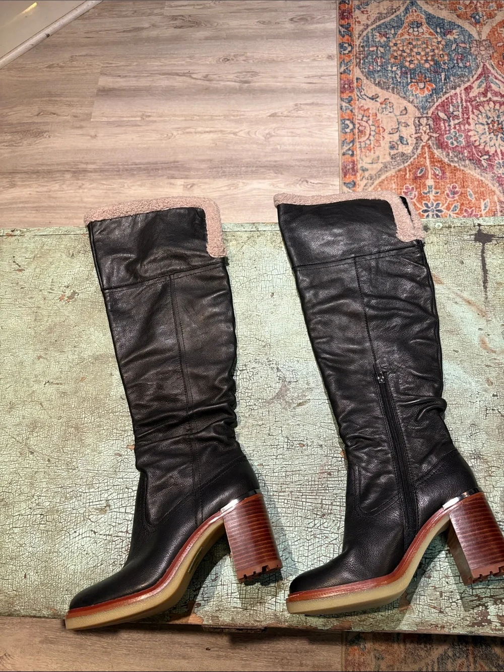 Vince Camuto Gambrel Black Leather Knee High Platform Boots 9M